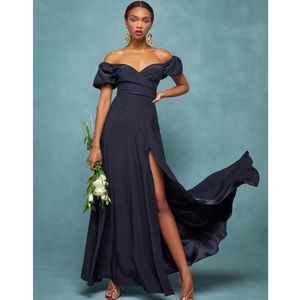 REFORMATION Grigio Off-Shoulder Silk Long Dress in Navy